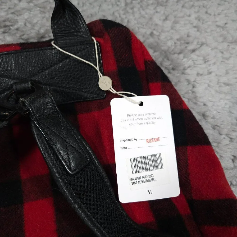 READ Mcq by Alexander Mcqueen Red Black Buffalo Plaid Wool Leather Backpack